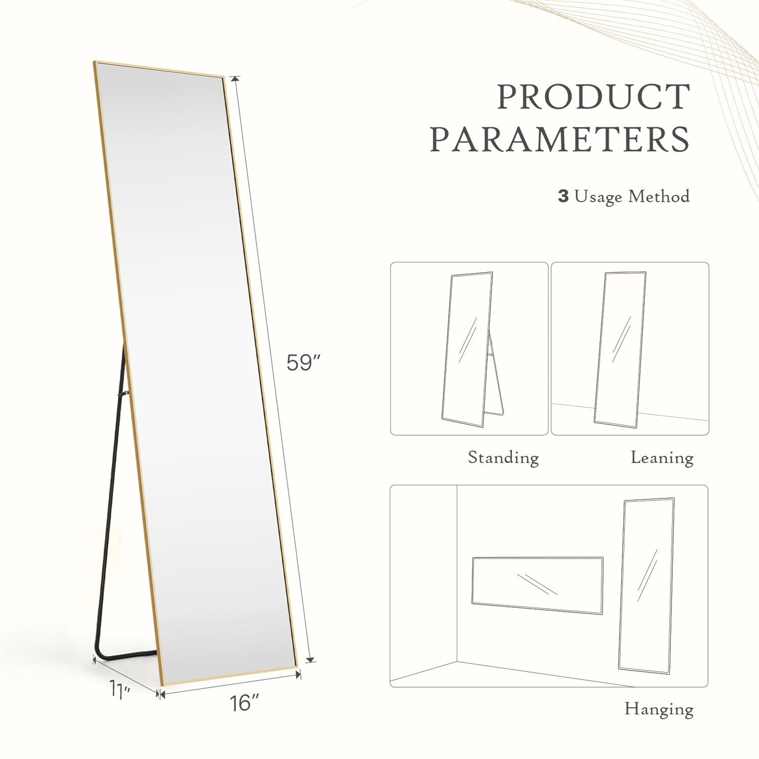 Miroir pleine longueur avec support, miroir de sol avec cadre en alliage d'aluminium pour chambre à coucher, miroir mural sur pied pour vestiaire