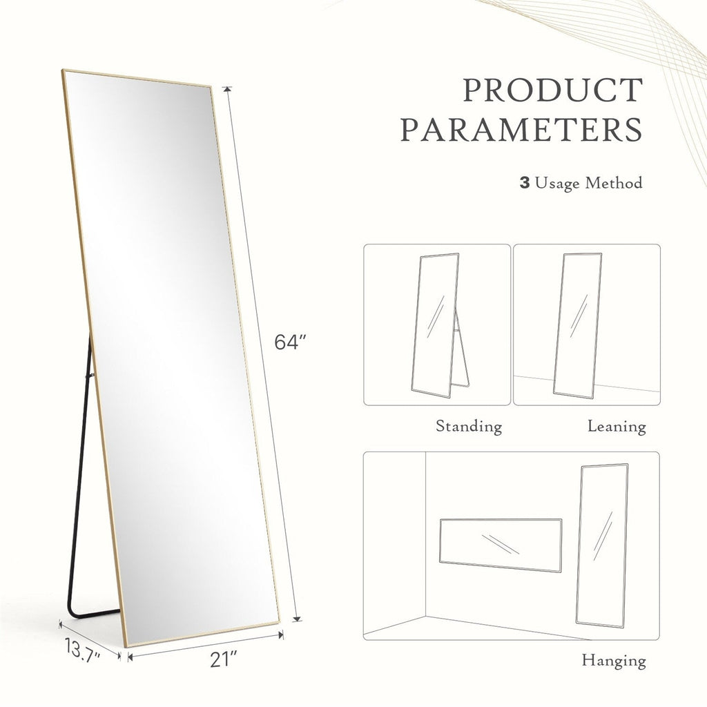 Miroir pleine longueur avec support, miroir de sol avec cadre en alliage d'aluminium pour chambre à coucher, miroir mural sur pied pour vestiaire