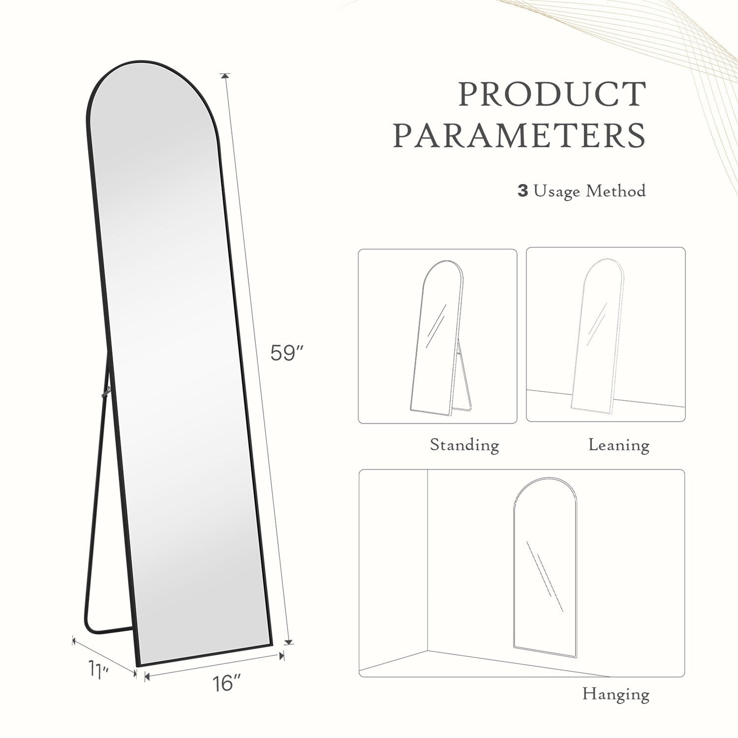Miroir pleine longueur avec support, miroir de sol avec cadre en alliage d'aluminium pour chambre à coucher, miroir mural sur pied pour vestiaire