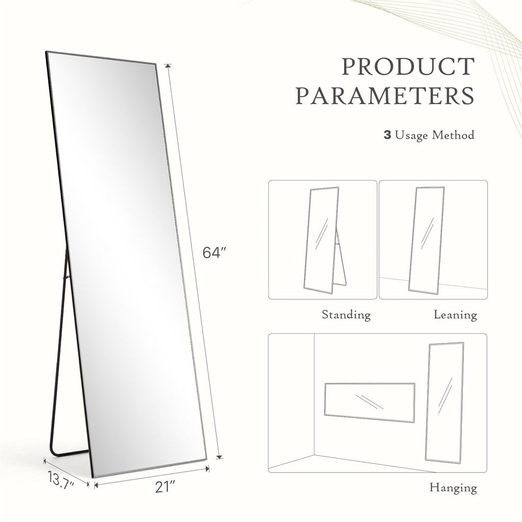 Miroir pleine longueur avec support, miroir de sol avec cadre en alliage d'aluminium pour chambre à coucher, miroir mural sur pied pour vestiaire