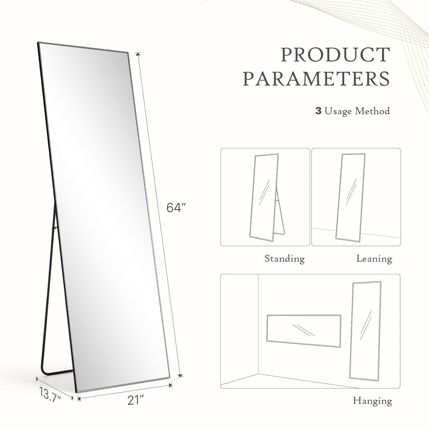 Miroir pleine longueur avec support, miroir de sol avec cadre en alliage d'aluminium pour chambre à coucher, miroir mural sur pied pour vestiaire