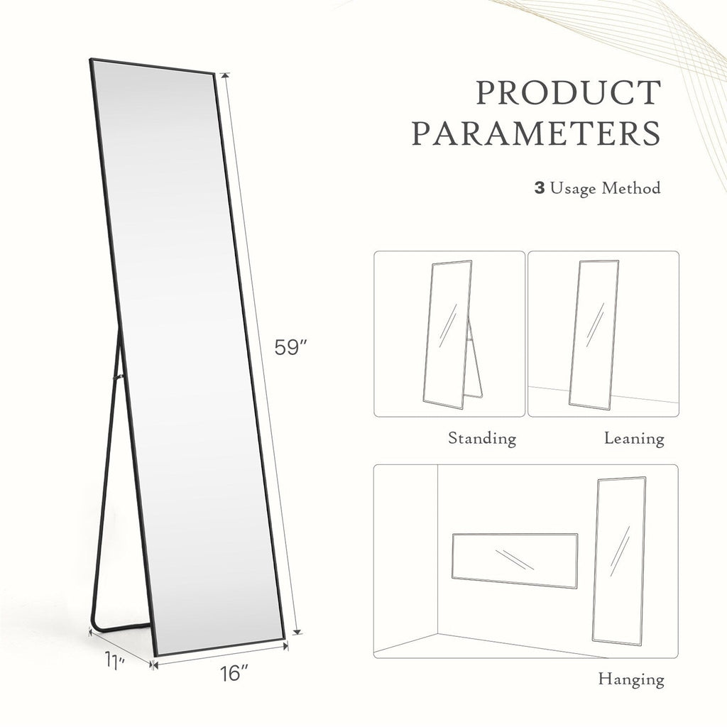 Miroir pleine longueur avec support, miroir de sol avec cadre en alliage d'aluminium pour chambre à coucher, miroir mural sur pied pour vestiaire