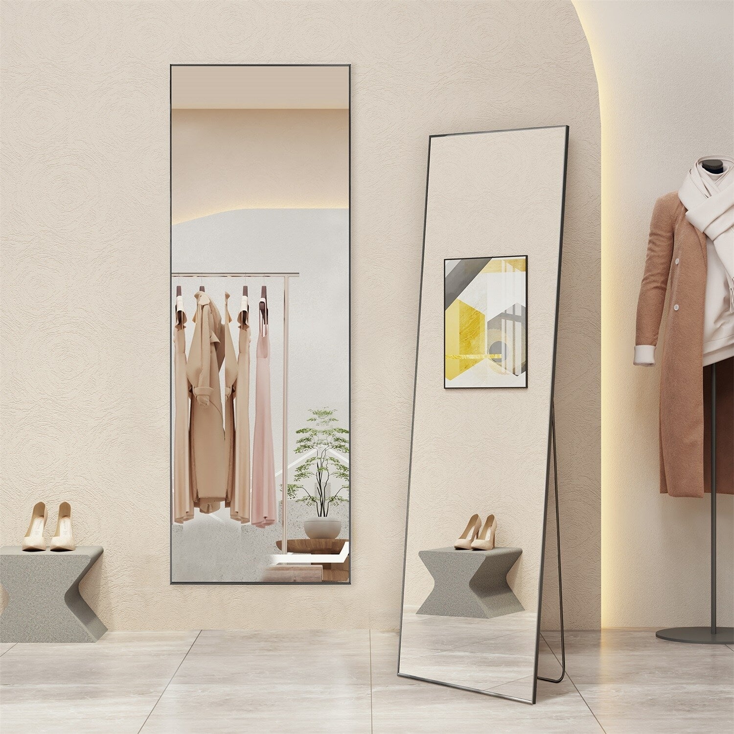 Miroir pleine longueur avec support, miroir de sol avec cadre en alliage d'aluminium pour chambre à coucher, miroir mural sur pied pour vestiaire
