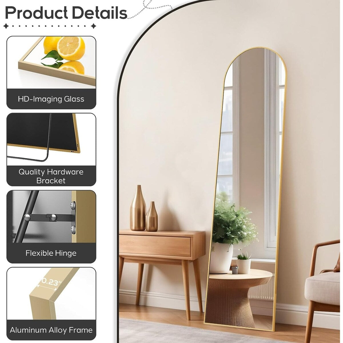 Miroir pleine longueur avec support, miroir de sol avec cadre en alliage d'aluminium pour chambre à coucher, miroir mural sur pied pour vestiaire