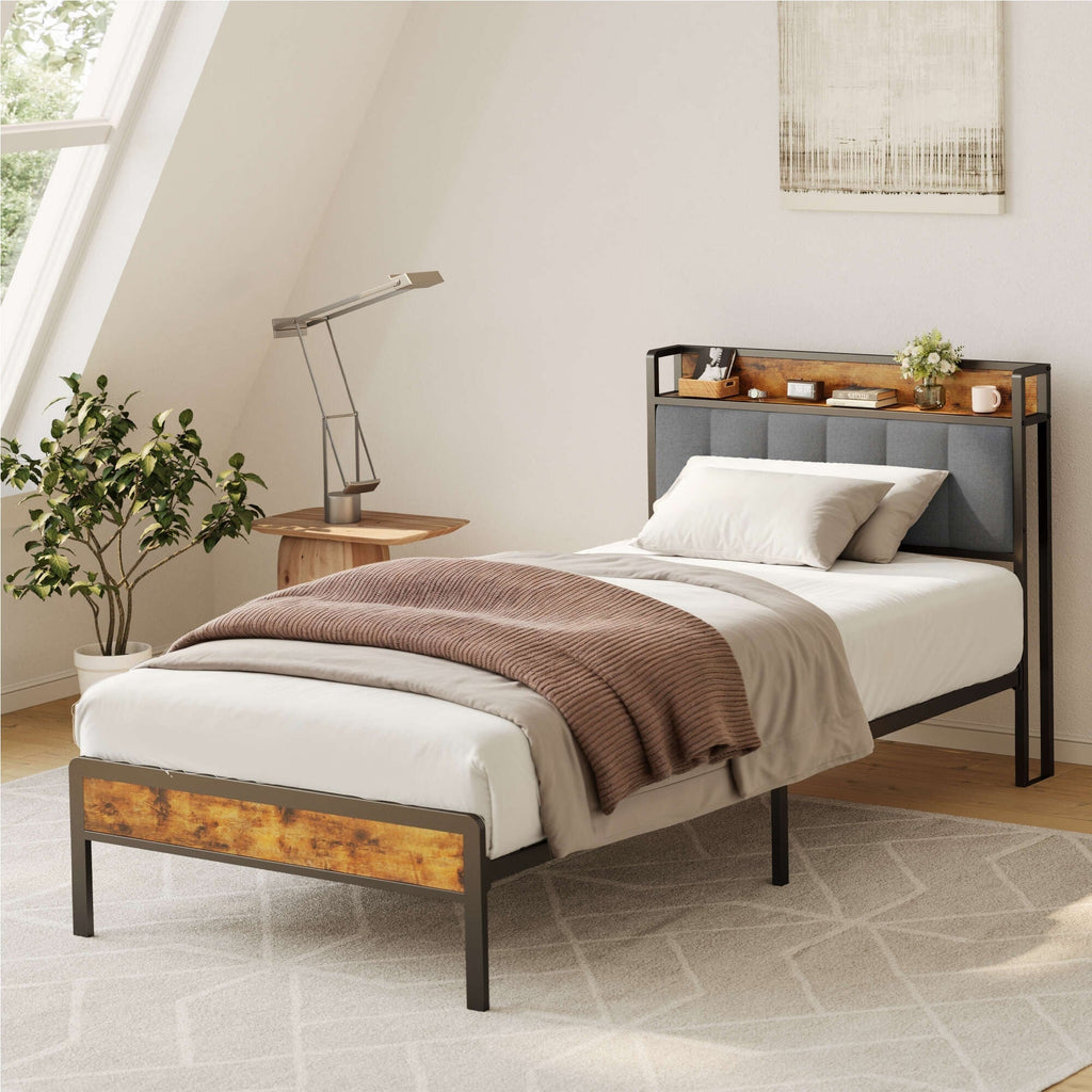 Cadre de lit plateforme en métal pour lit simple, double, queen ou king size avec tête de lit rembourrée et rangement