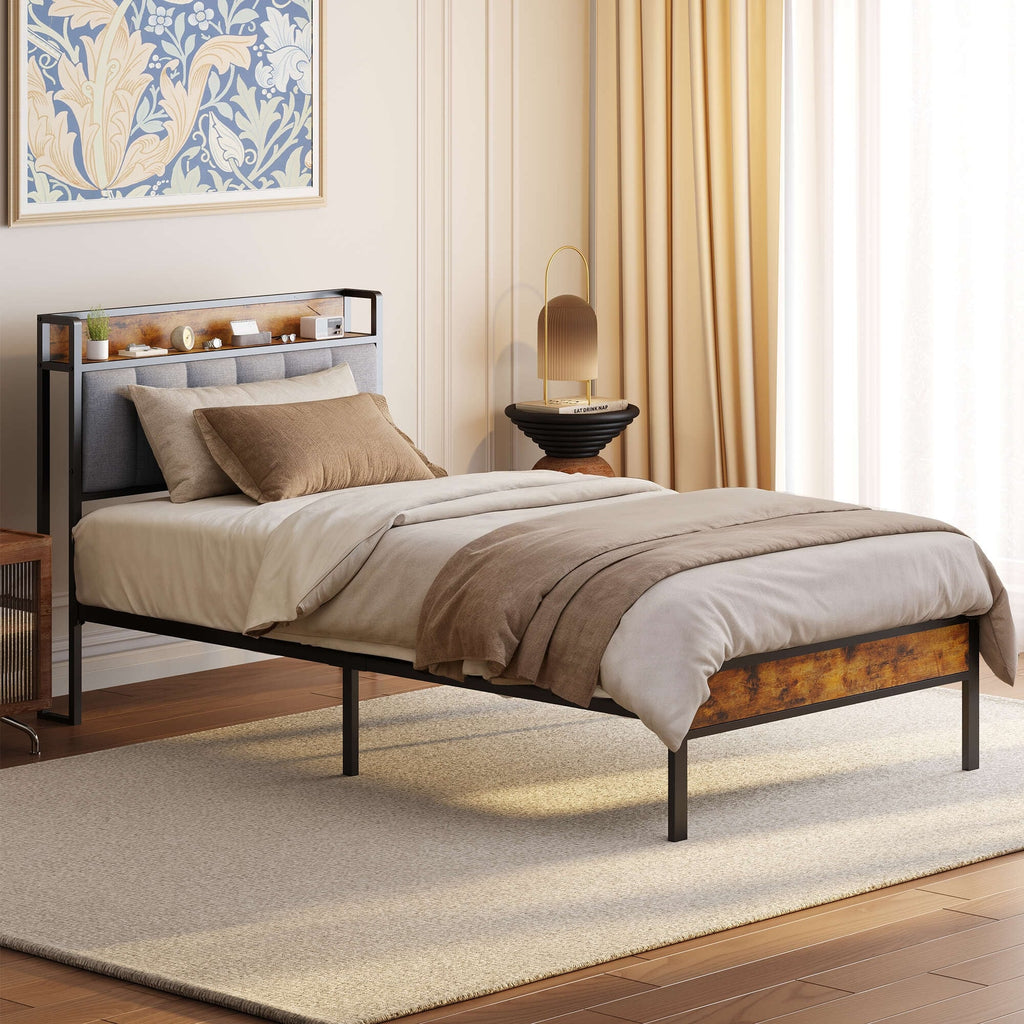 Cadre de lit plateforme en métal pour lit simple, double, queen ou king size avec tête de lit rembourrée et rangement