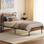 Cadre de lit plateforme en métal pour lit simple, double, queen ou king size avec tête de lit rembourrée et rangement