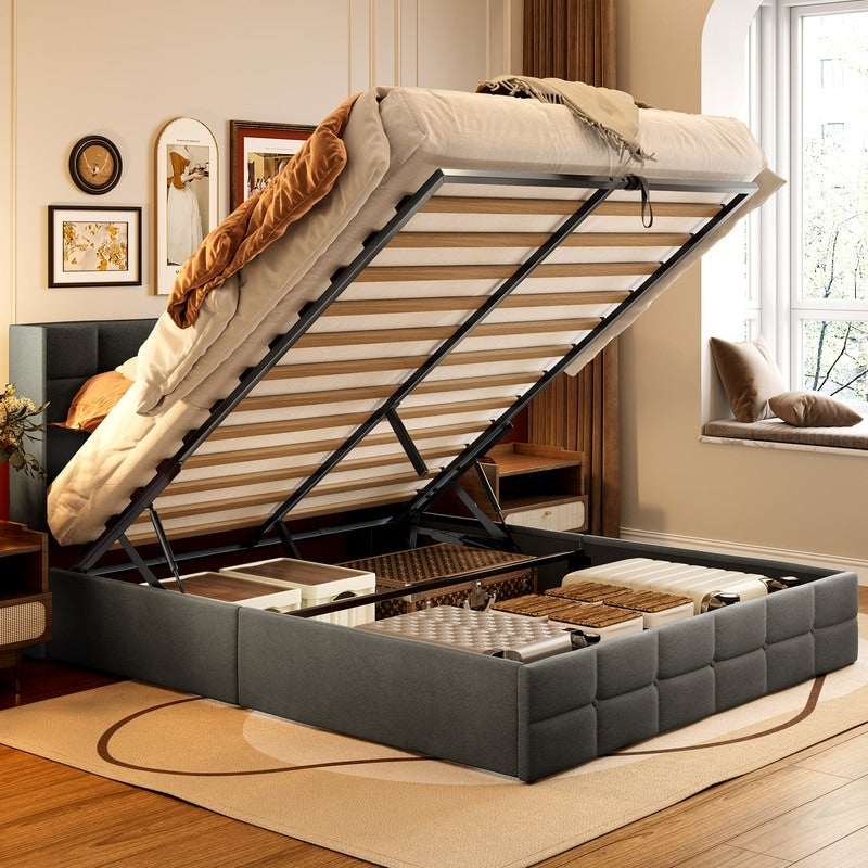 Cadre de lit relevable avec rangement, cadre de lit plateforme rembourré avec système de rangement hydraulique et tête de lit