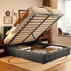 Cadre de lit relevable avec rangement, cadre de lit plateforme rembourré avec système de rangement hydraulique et tête de lit