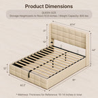 Cadre de lit relevable avec rangement, cadre de lit plateforme rembourré avec système de rangement hydraulique et tête de lit