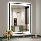 Miroir de salle de bain mural avec cadre en verre trempé antibuée et éclairage LED avant et arrière pleine grandeur