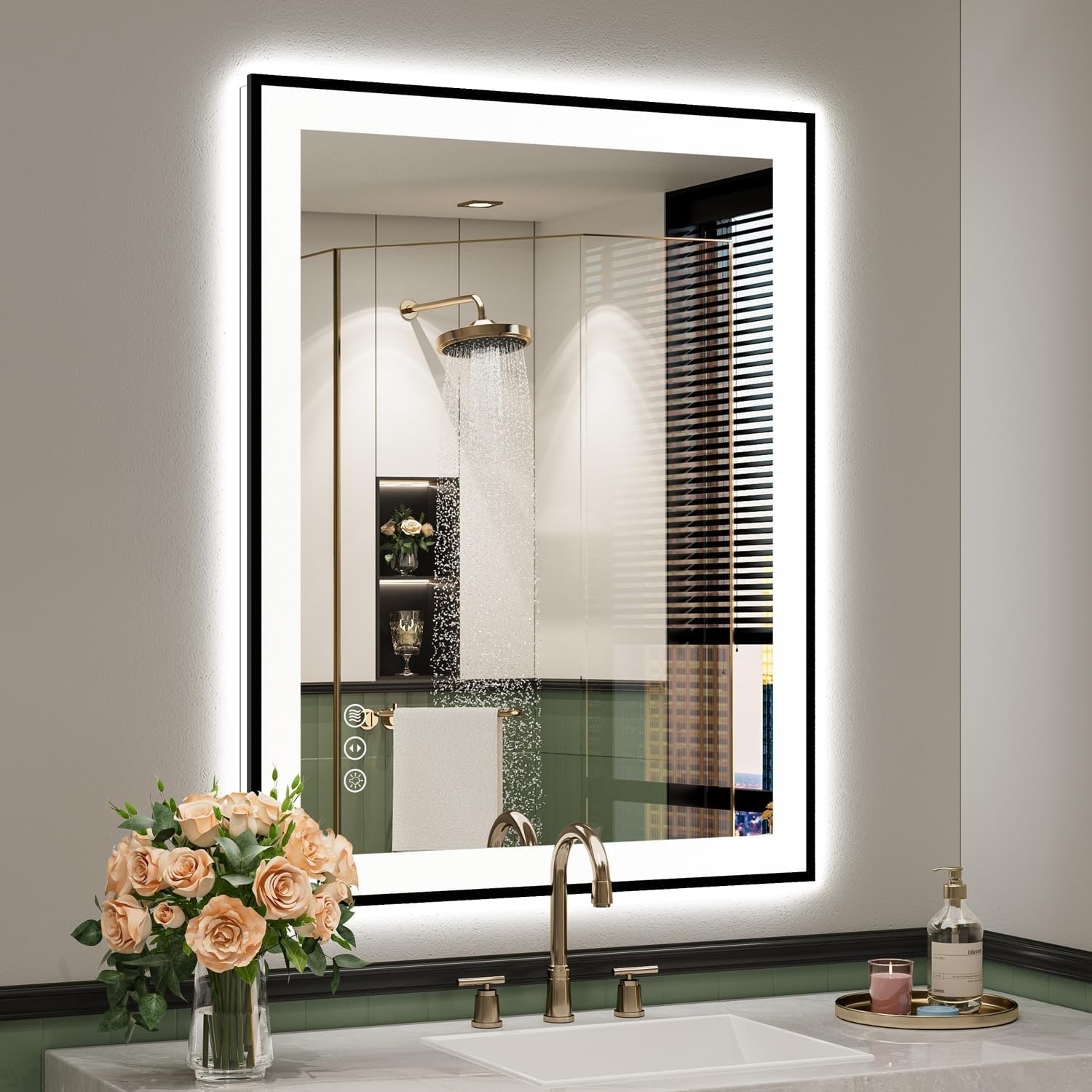 Miroir de salle de bain mural avec cadre en verre trempé antibuée et éclairage LED avant et arrière pleine grandeur