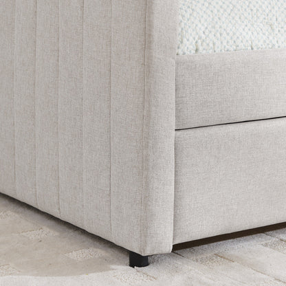Lit de repos double avec canapé-lit gigogne rembourré, rayures verticales, tissu en lin, beige (82,5 x 58 x 30)