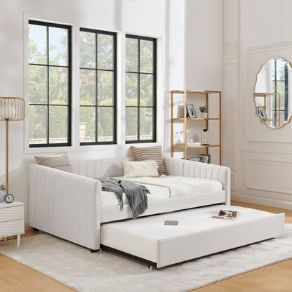 Lit de repos double avec canapé-lit gigogne rembourré, rayures verticales, tissu en lin, beige (82,5 x 58 x 30)