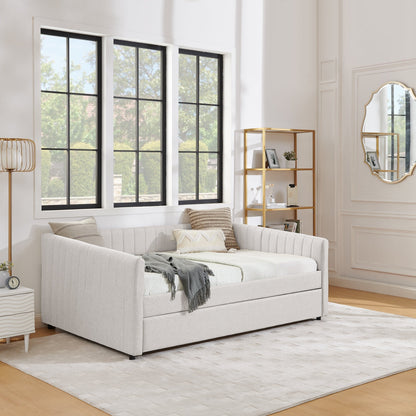 Lit de repos double avec canapé-lit gigogne rembourré, rayures verticales, tissu en lin, beige (82,5 x 58 x 30)