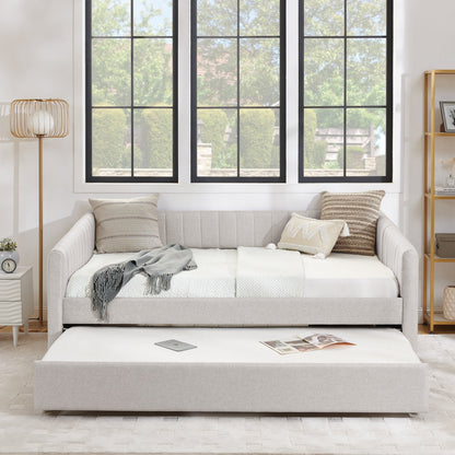 Lit de repos double avec canapé-lit gigogne rembourré, rayures verticales, tissu en lin, beige (82,5 x 58 x 30)