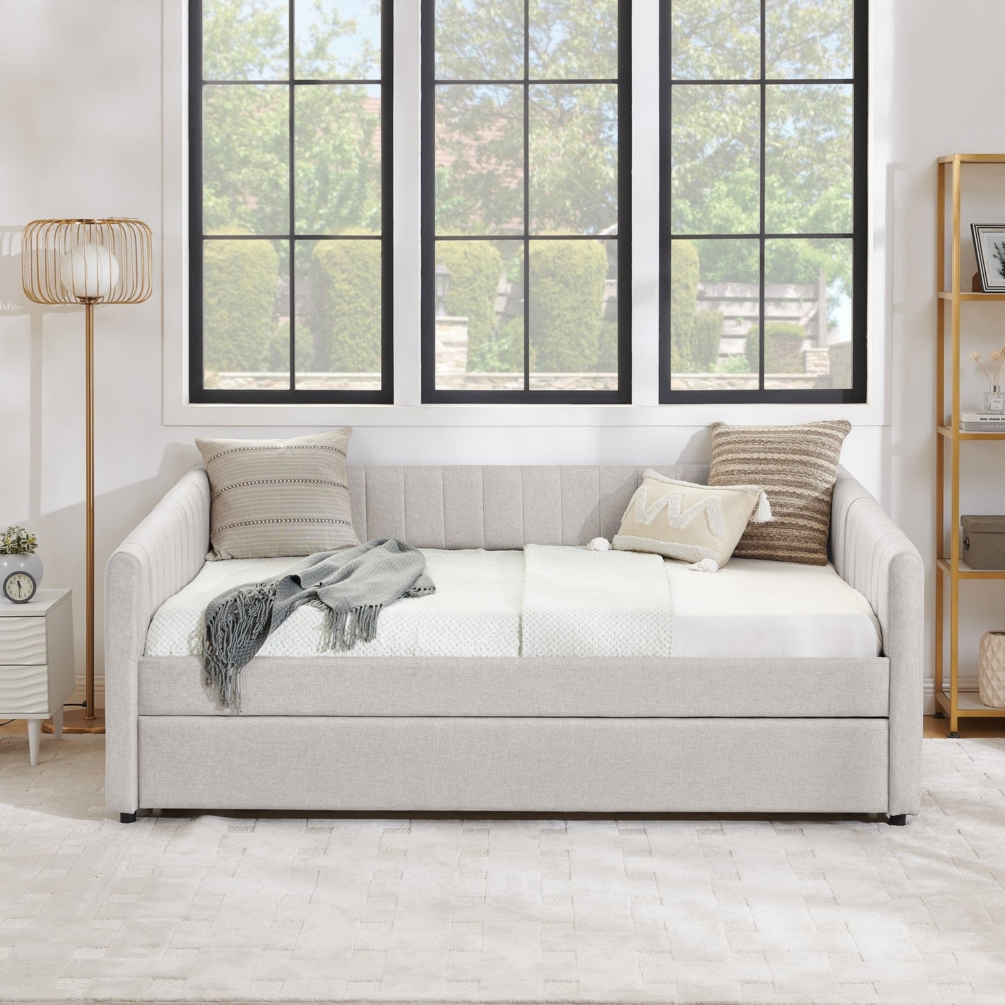 Lit de repos double avec canapé-lit gigogne rembourré, rayures verticales, tissu en lin, beige (82,5 x 58 x 30)