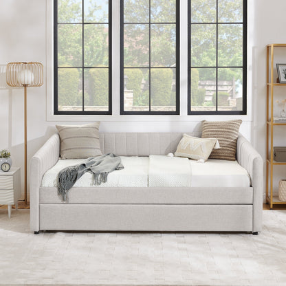 Lit de repos double avec canapé-lit gigogne rembourré, rayures verticales, tissu en lin, beige (82,5 x 58 x 30)