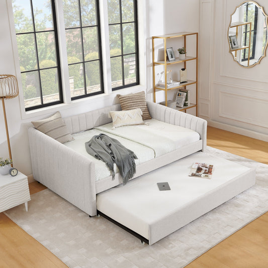 Lit de repos double avec canapé-lit gigogne rembourré, rayures verticales, tissu en lin, beige (82,5 x 58 x 30)