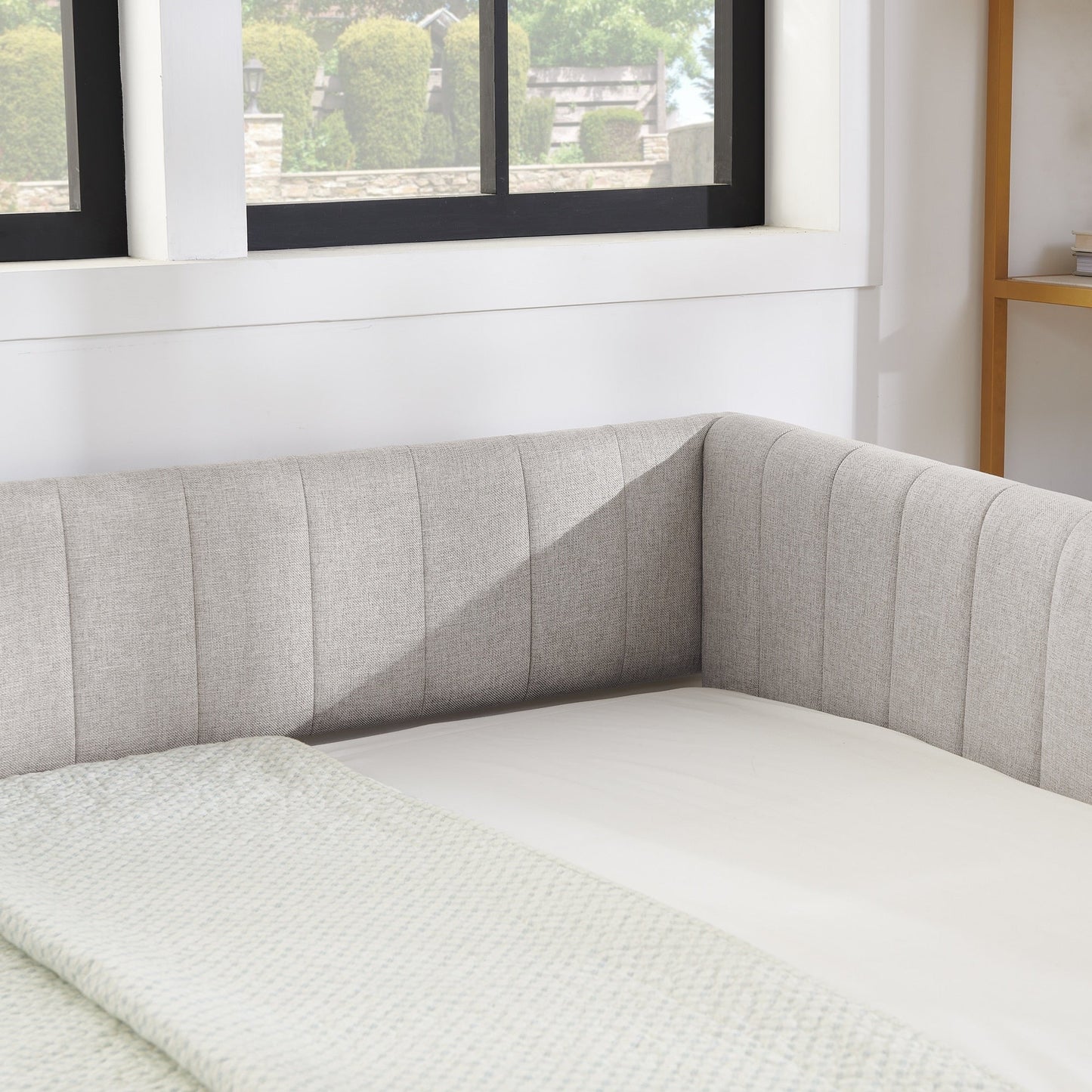 Lit de repos double avec canapé-lit gigogne rembourré, rayures verticales, tissu en lin, beige (82,5 x 58 x 30)