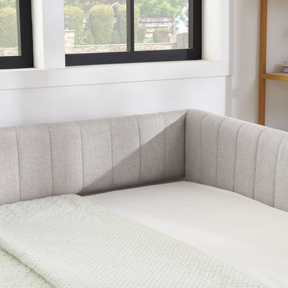 Lit de repos double avec canapé-lit gigogne rembourré, rayures verticales, tissu en lin, beige (82,5 x 58 x 30)