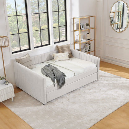 Lit de repos double avec canapé-lit gigogne rembourré, rayures verticales, tissu en lin, beige (82,5 x 58 x 30)