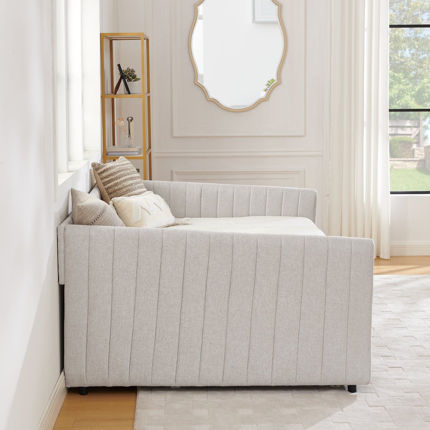 Lit de repos double avec canapé-lit gigogne rembourré, rayures verticales, tissu en lin, beige (82,5 x 58 x 30)