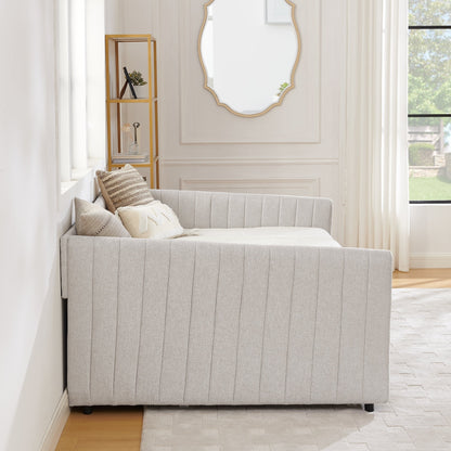 Lit de repos double avec canapé-lit gigogne rembourré, rayures verticales, tissu en lin, beige (82,5 x 58 x 30)