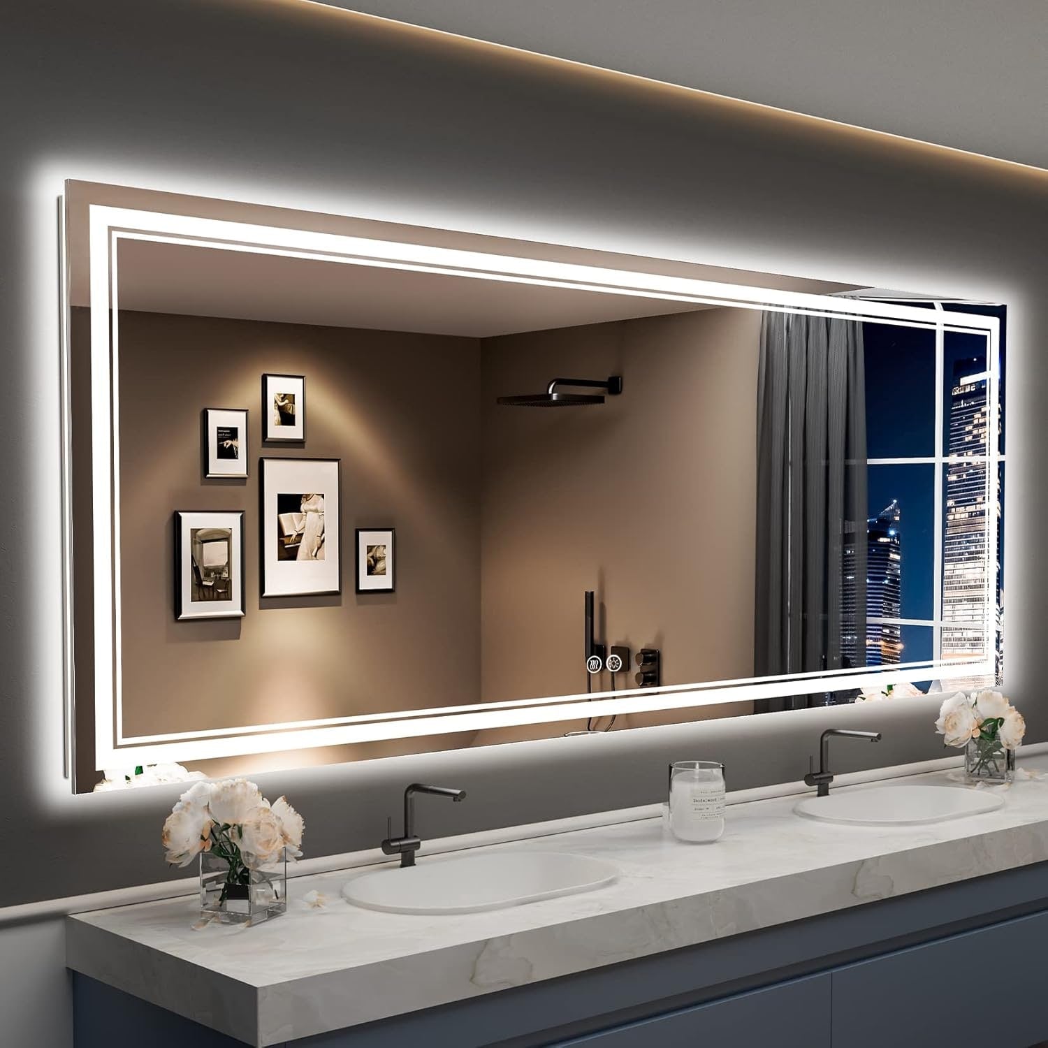 Miroir de salle de bain mural en verre trempé antibuée avec éclairage LED avant et arrière pleine grandeur