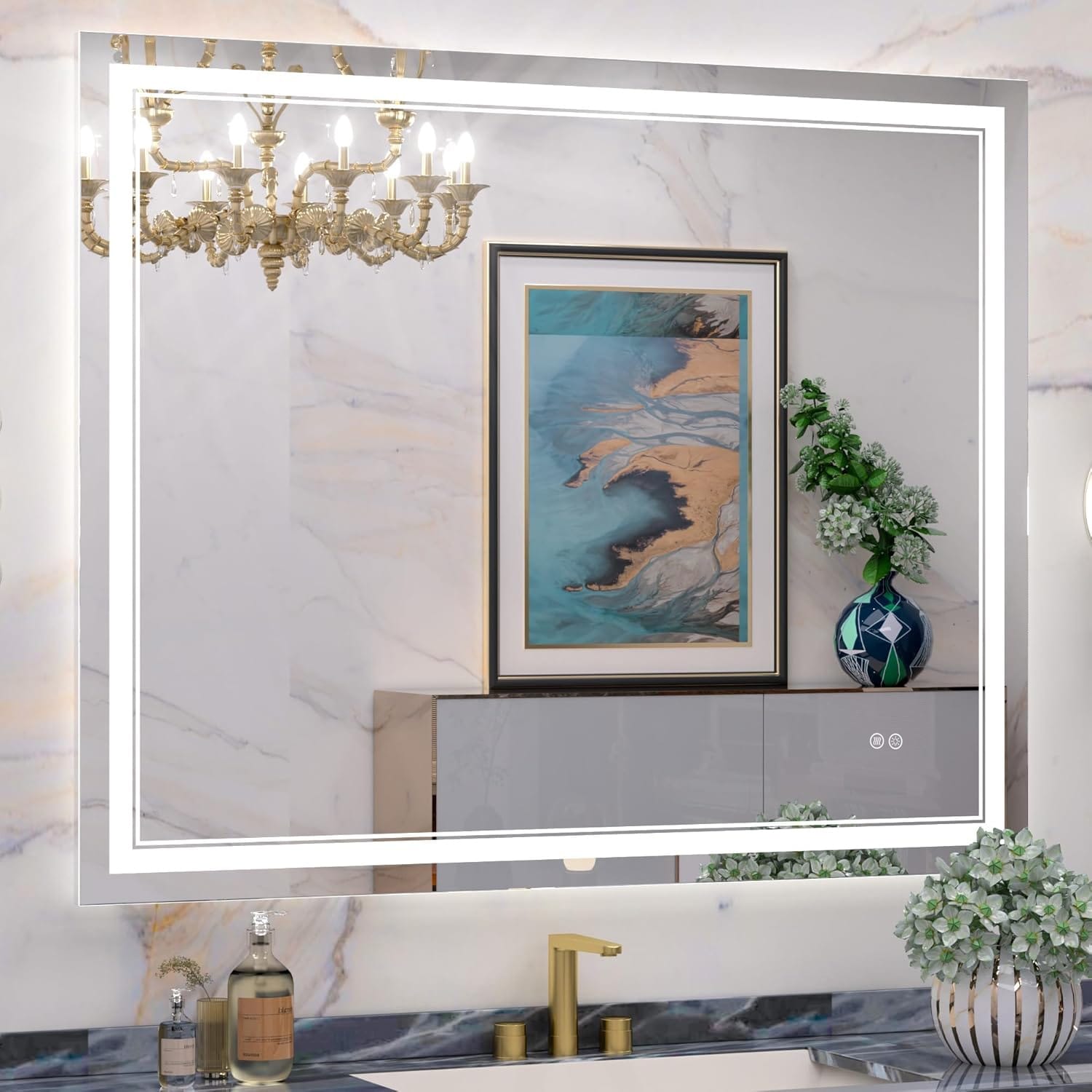 Miroir de salle de bain mural en verre trempé antibuée avec éclairage LED avant et arrière pleine grandeur