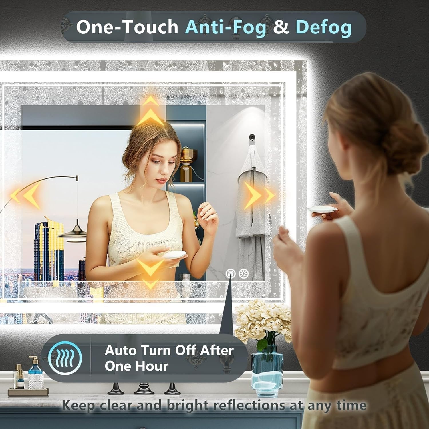 Miroir de salle de bain mural en verre trempé antibuée avec éclairage LED avant et arrière pleine grandeur