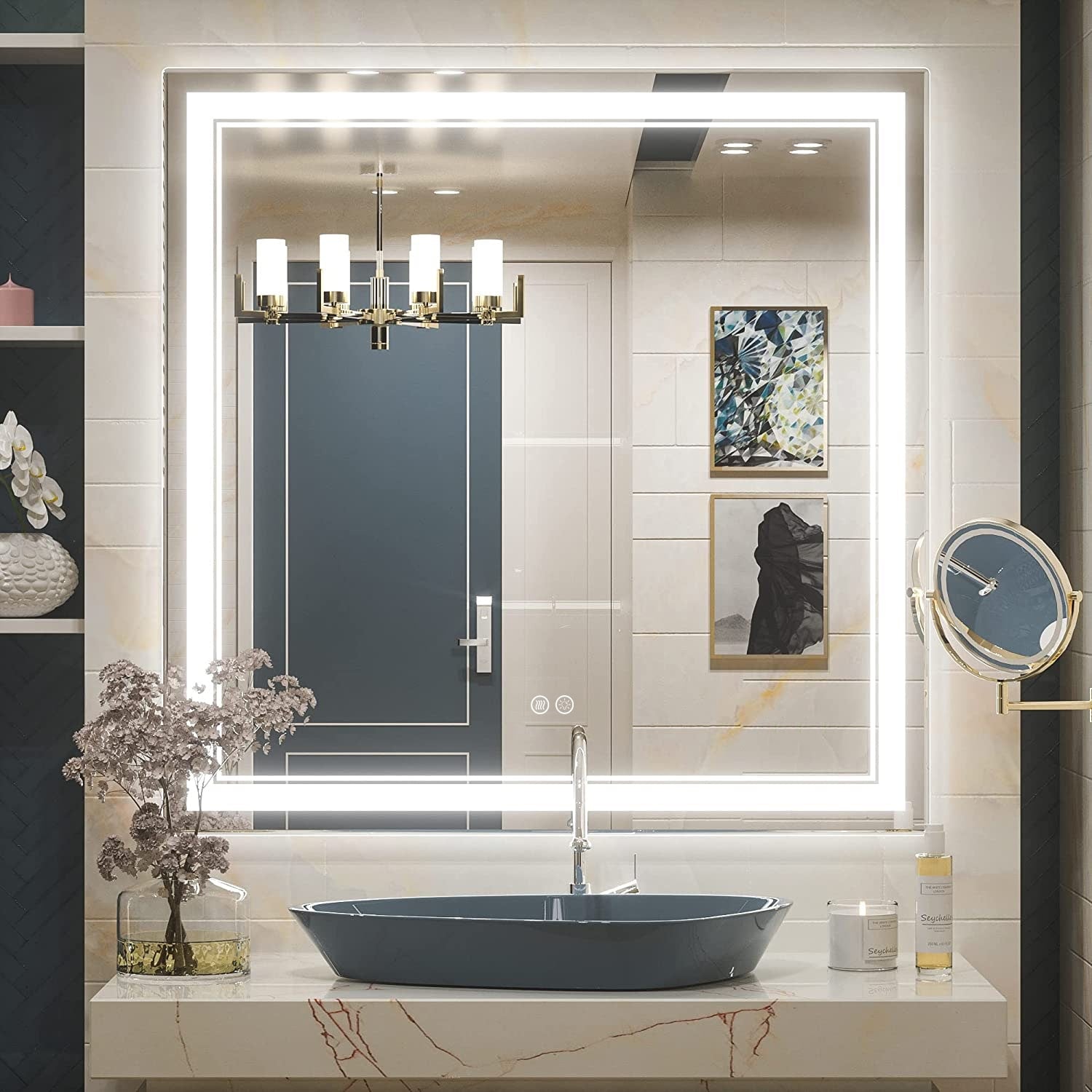 Miroir de salle de bain mural en verre trempé antibuée avec éclairage LED avant et arrière pleine grandeur