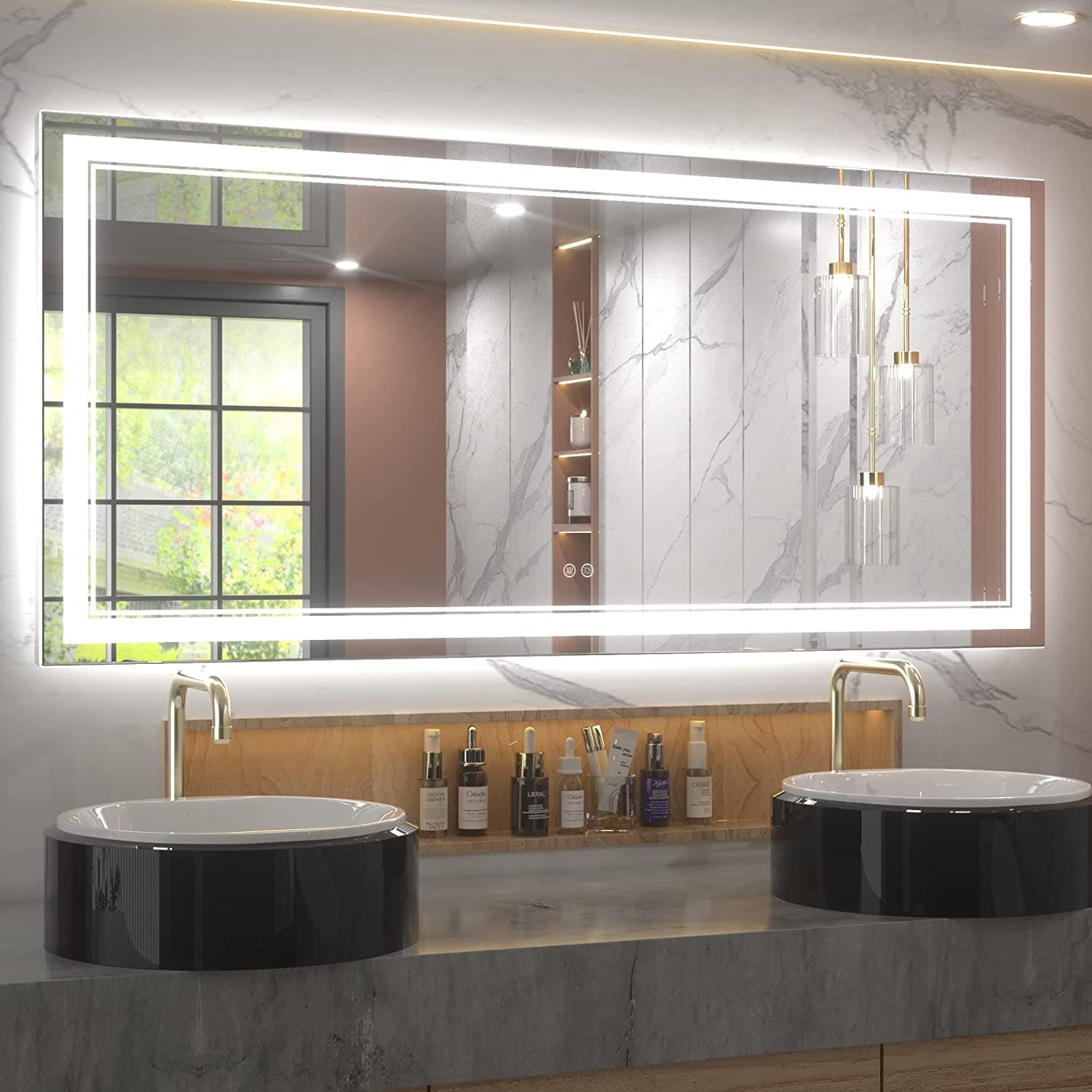 Miroir de salle de bain mural en verre trempé antibuée avec éclairage LED avant et arrière pleine grandeur