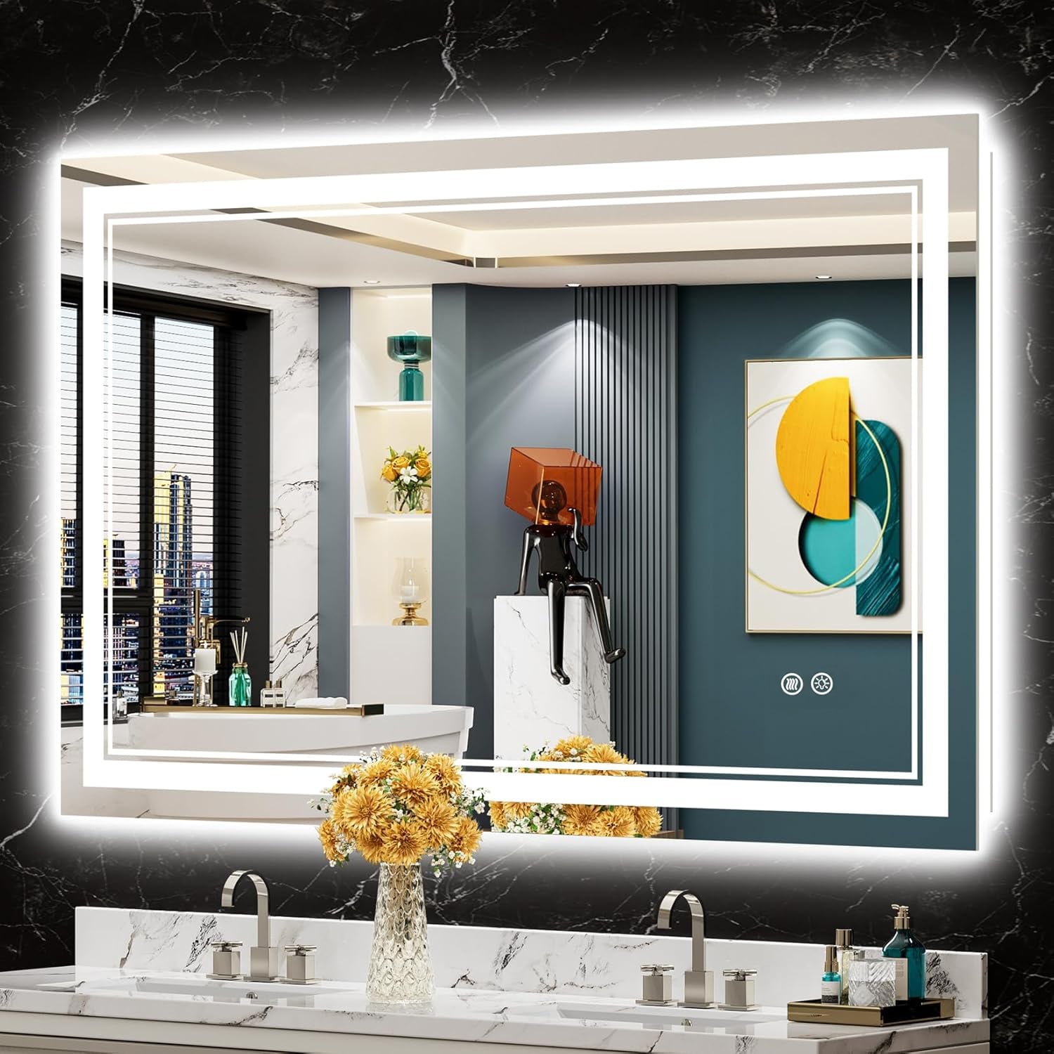 Miroir de salle de bain mural en verre trempé antibuée avec éclairage LED avant et arrière pleine grandeur