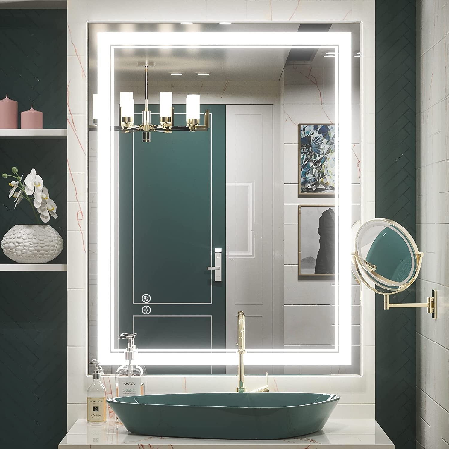 Miroir de salle de bain mural en verre trempé antibuée avec éclairage LED avant et arrière pleine grandeur