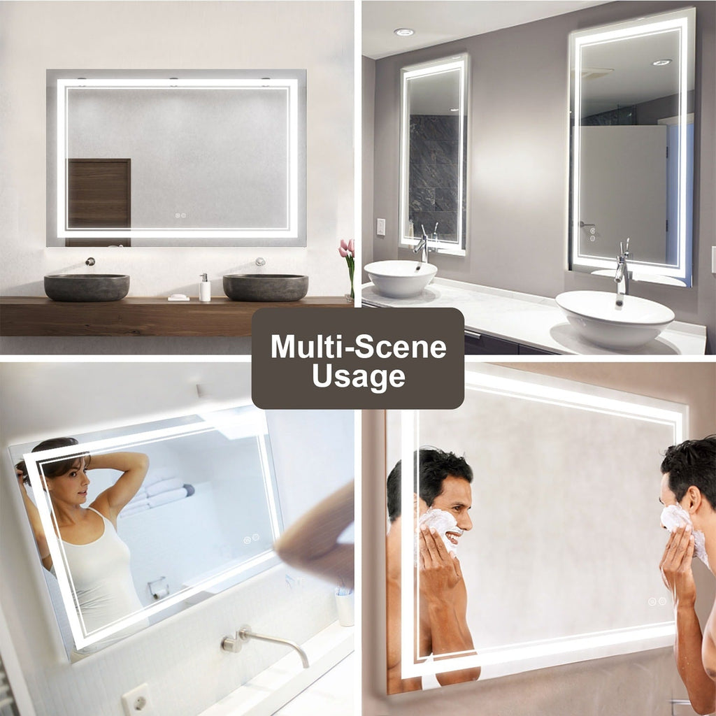 Miroir de salle de bain mural en verre trempé antibuée avec éclairage LED avant et arrière pleine grandeur