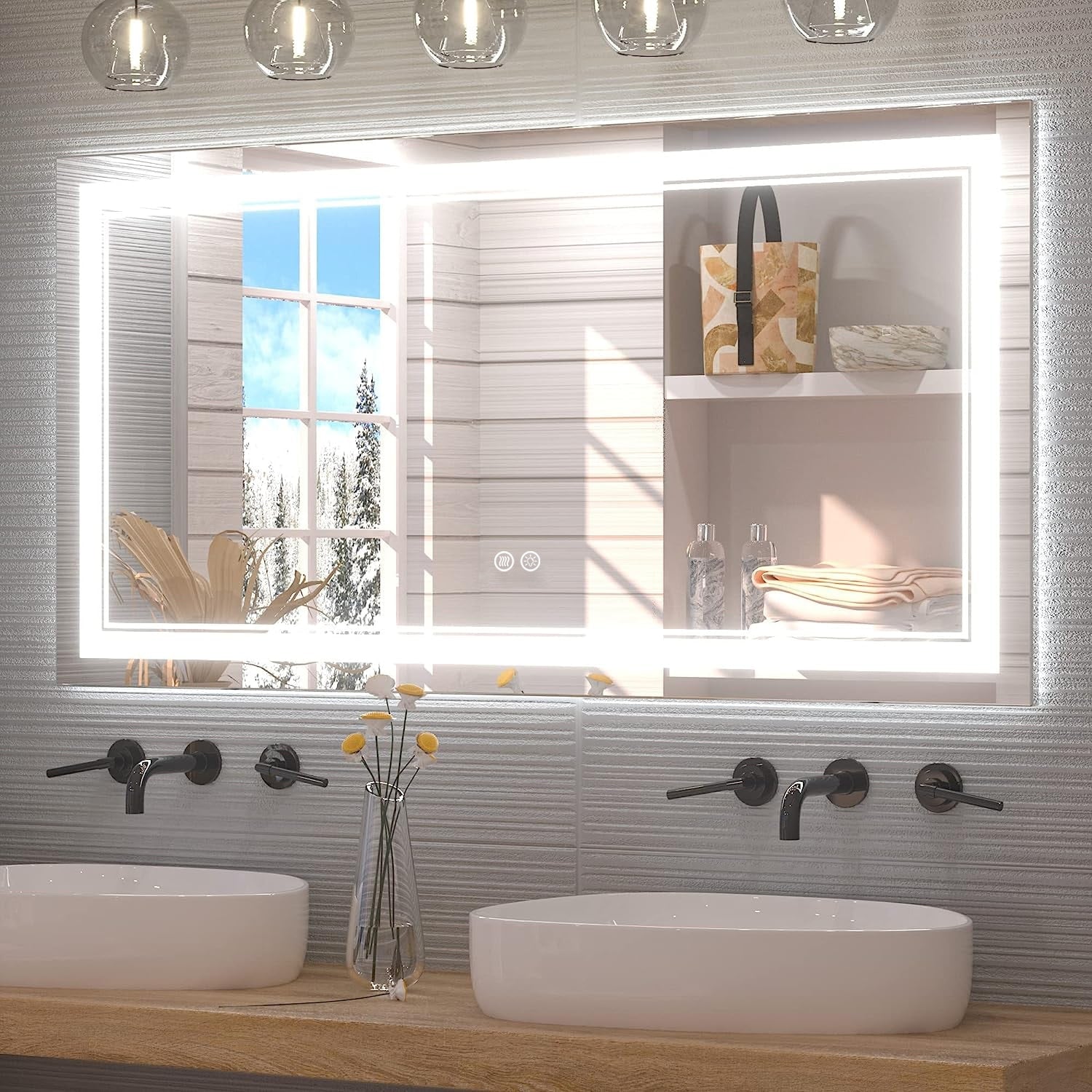Miroir de salle de bain mural en verre trempé antibuée avec éclairage LED avant et arrière pleine grandeur
