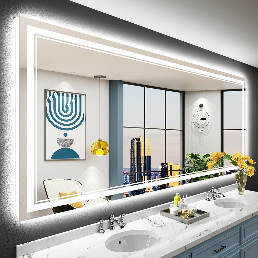 Miroir de salle de bain mural en verre trempé antibuée avec éclairage LED avant et arrière pleine grandeur