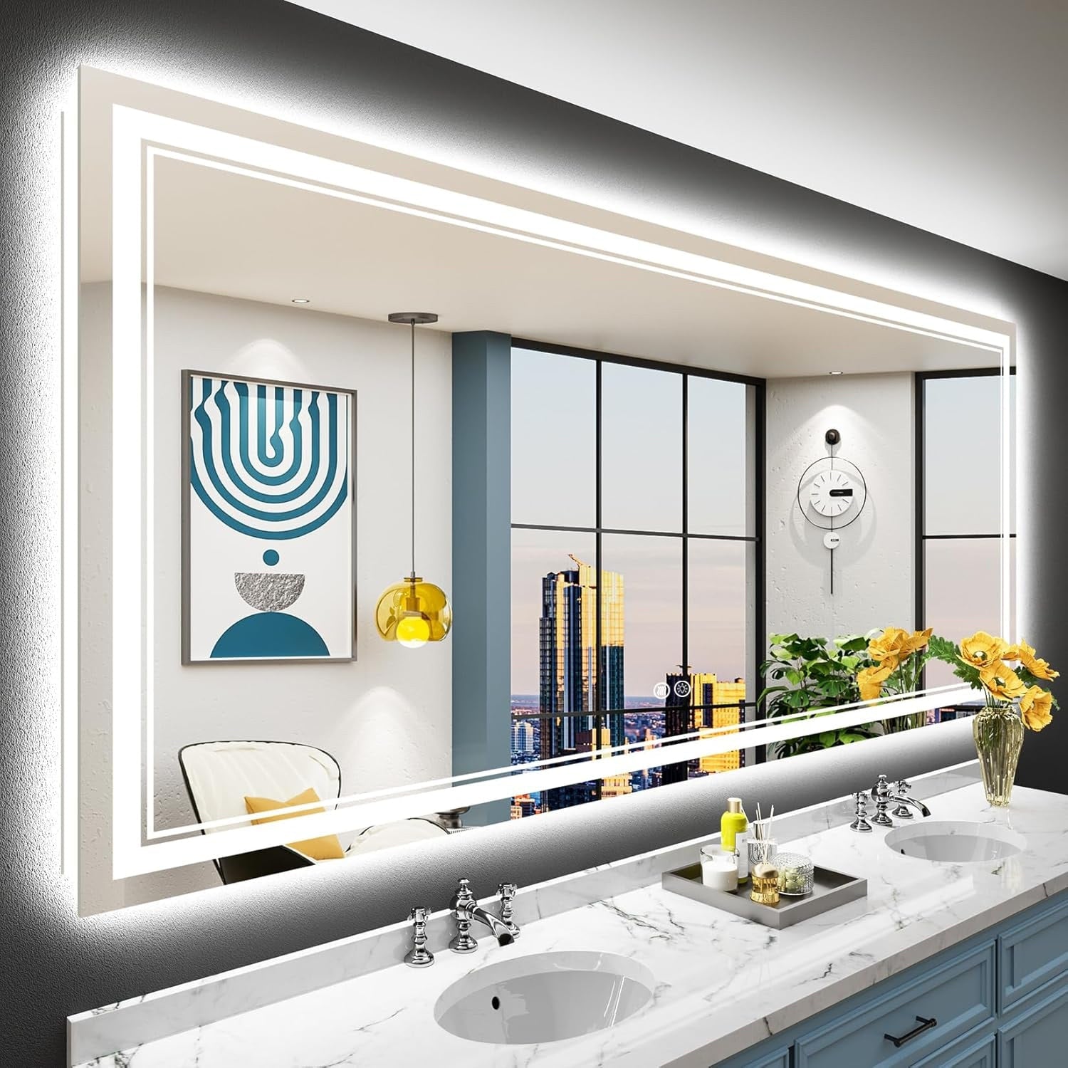 Miroir de salle de bain mural en verre trempé antibuée avec éclairage LED avant et arrière pleine grandeur