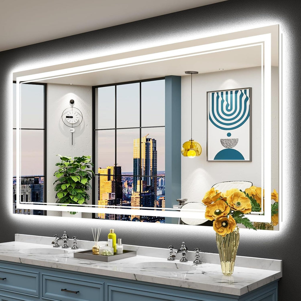 Miroir de salle de bain mural en verre trempé antibuée avec éclairage LED avant et arrière pleine grandeur