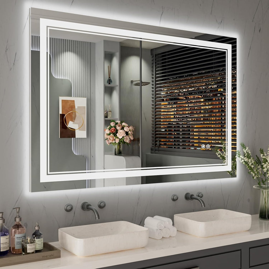 Miroir de salle de bain mural en verre trempé antibuée avec éclairage LED avant et arrière pleine grandeur