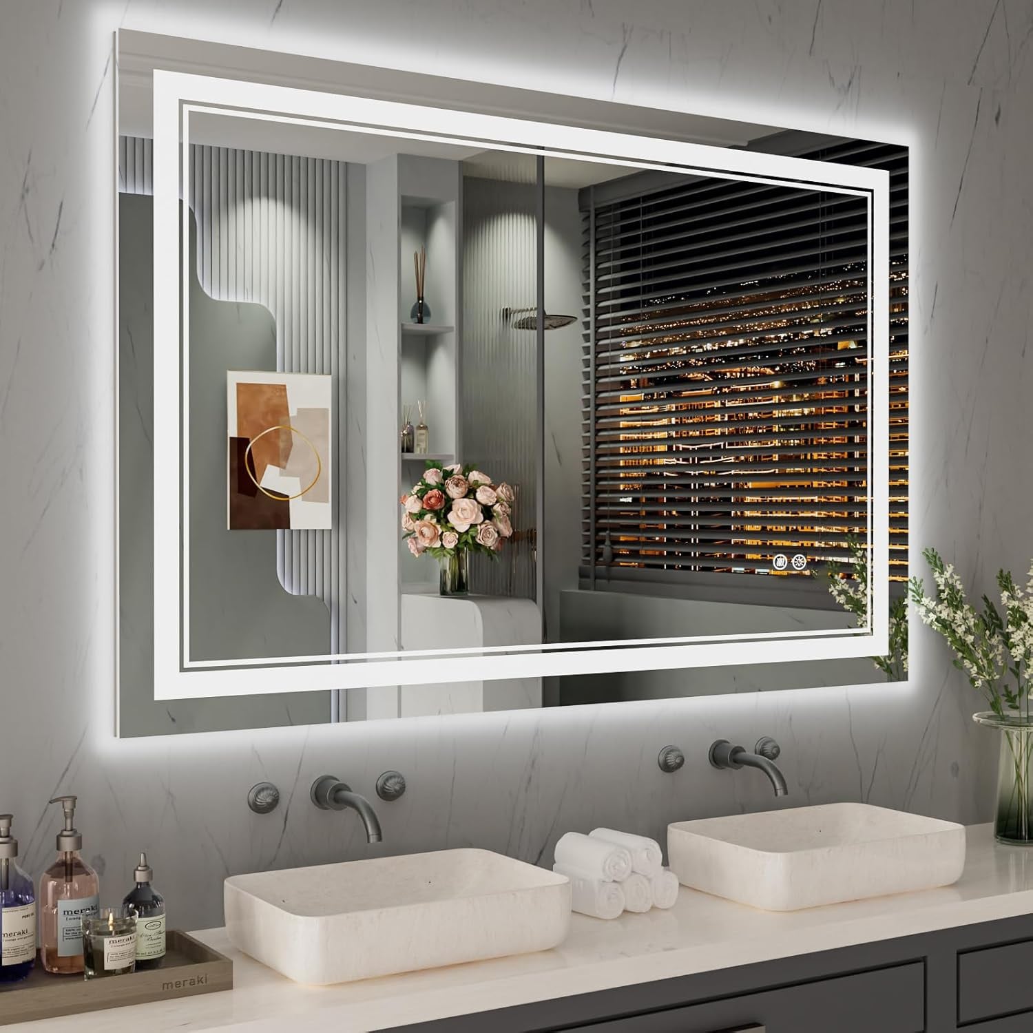 Miroir de salle de bain mural en verre trempé antibuée avec éclairage LED avant et arrière pleine grandeur