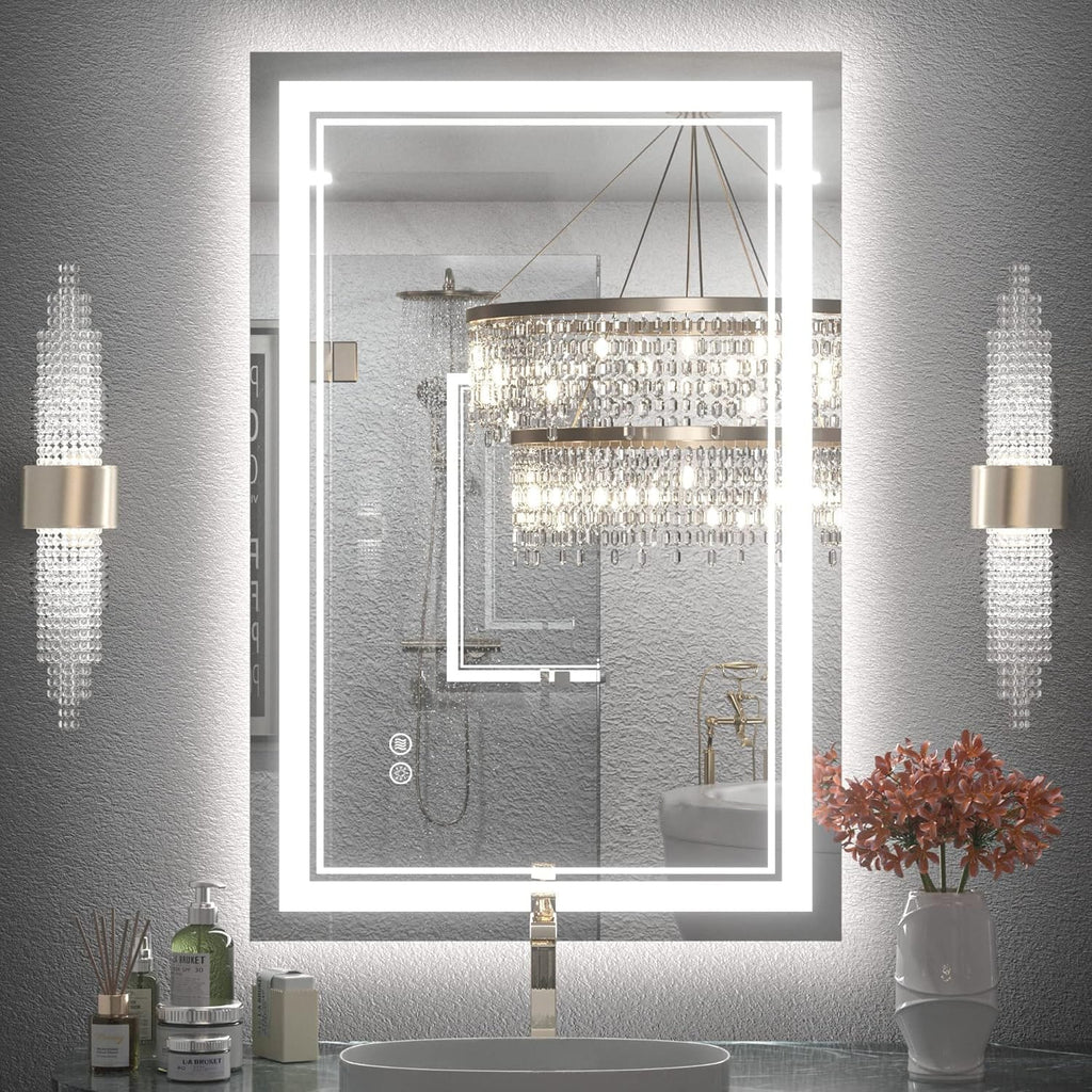 Miroir de salle de bain mural en verre trempé antibuée avec éclairage LED avant et arrière pleine grandeur