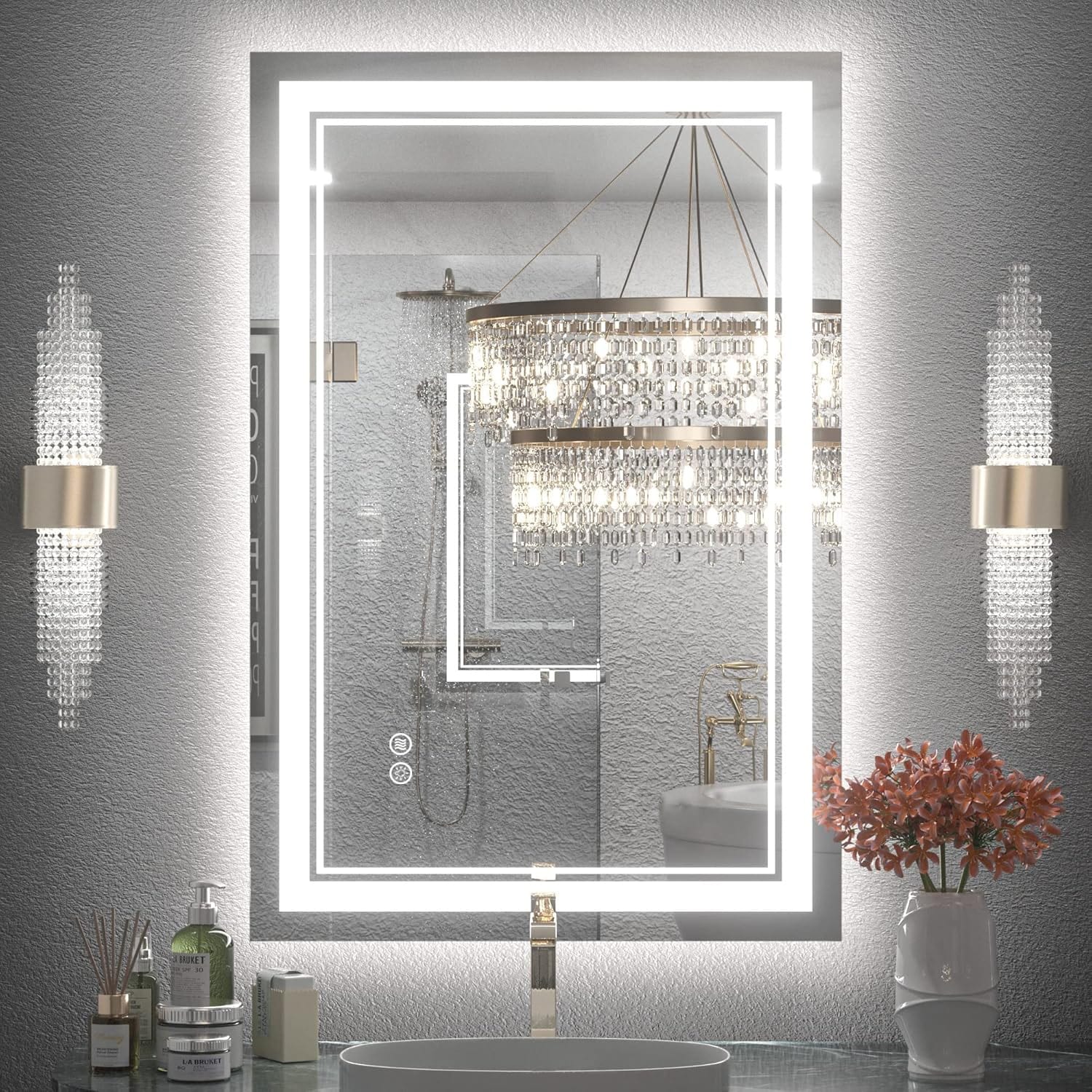 Miroir de salle de bain mural en verre trempé antibuée avec éclairage LED avant et arrière pleine grandeur