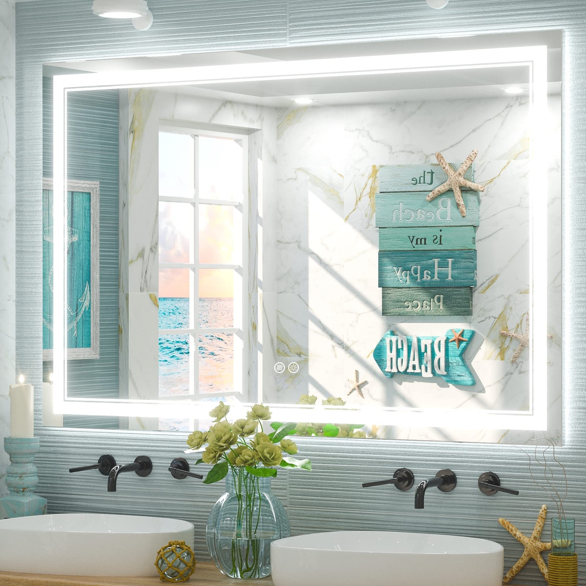 Miroir de salle de bain mural en verre trempé antibuée avec éclairage LED avant et arrière pleine grandeur