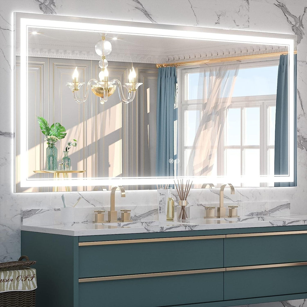 Miroir de salle de bain mural en verre trempé antibuée avec éclairage LED avant et arrière pleine grandeur