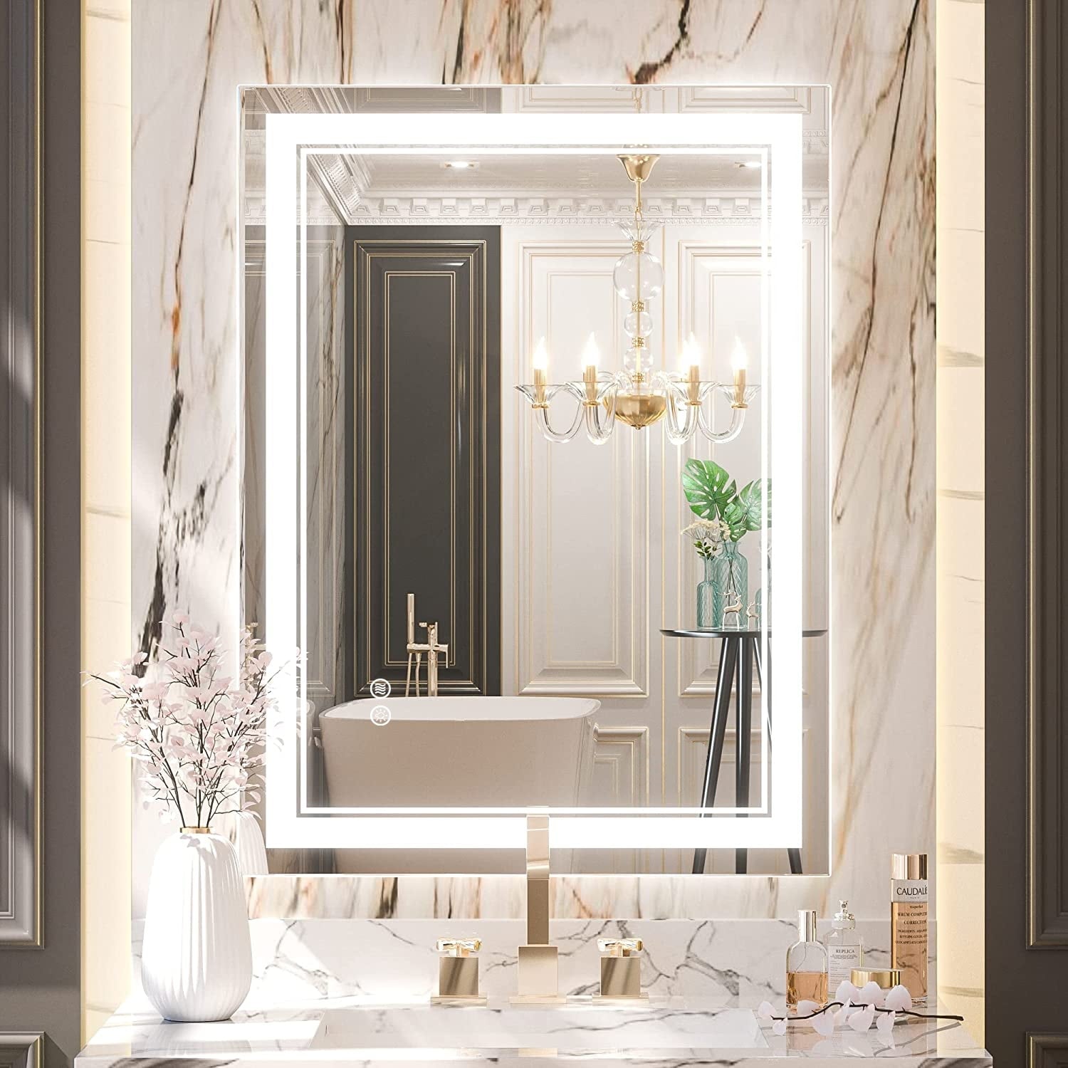 Miroir de salle de bain mural en verre trempé antibuée avec éclairage LED avant et arrière pleine grandeur