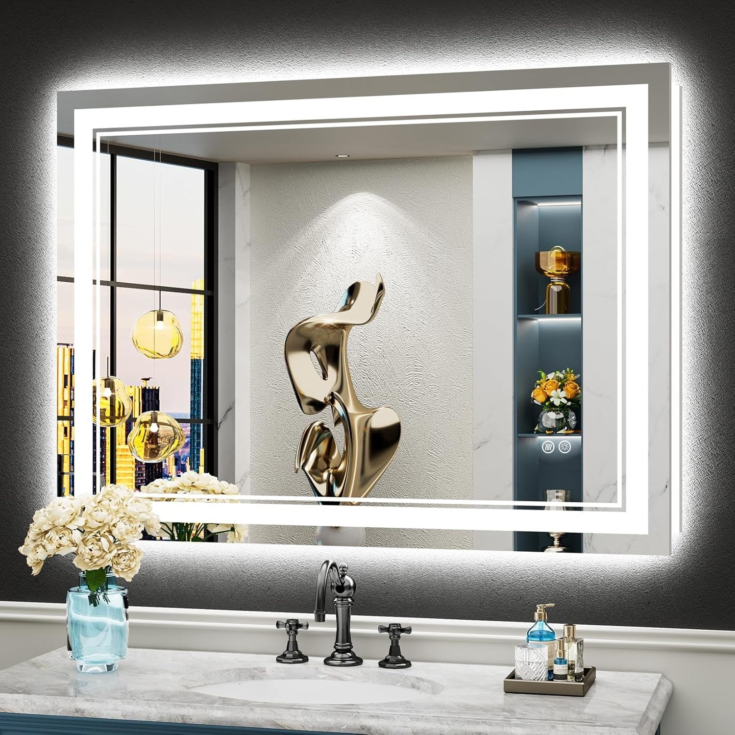 Miroir de salle de bain mural en verre trempé antibuée avec éclairage LED avant et arrière pleine grandeur