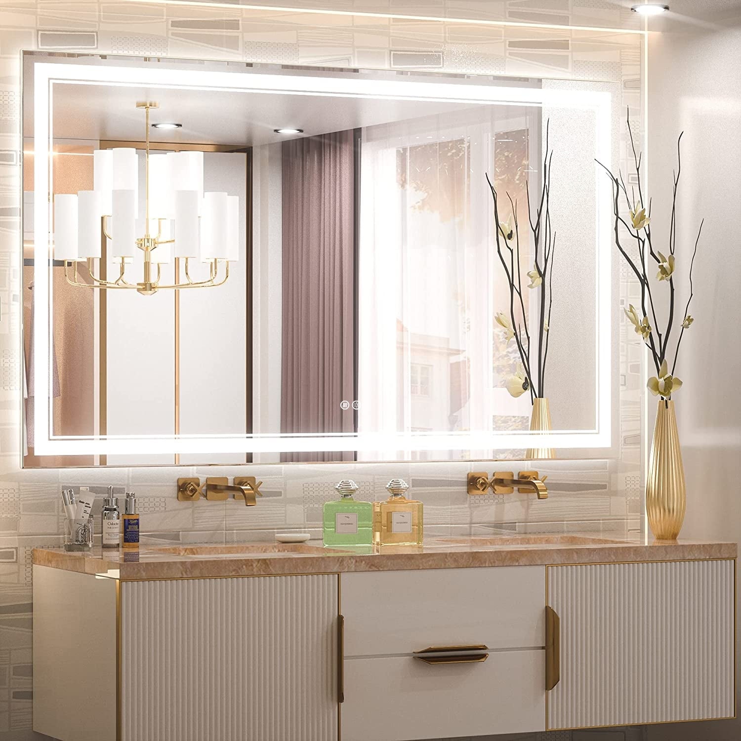 Miroir de salle de bain mural en verre trempé antibuée avec éclairage LED avant et arrière pleine grandeur