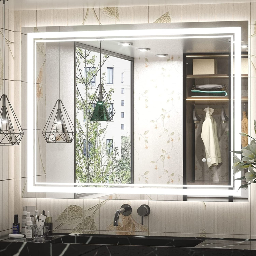 Miroir de salle de bain mural en verre trempé antibuée avec éclairage LED avant et arrière pleine grandeur